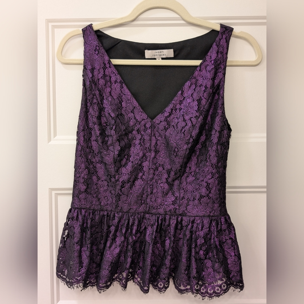 Robert Rodriguez Peplum Purple Metallic Lace Sleeveless Top - Size 4